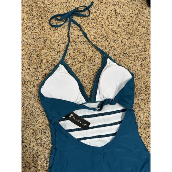 Tempt Me Womens Teal Blue Deep V Halter One-Piece Swimsuit Lace Cutout Detail M - Picture 6 of 9